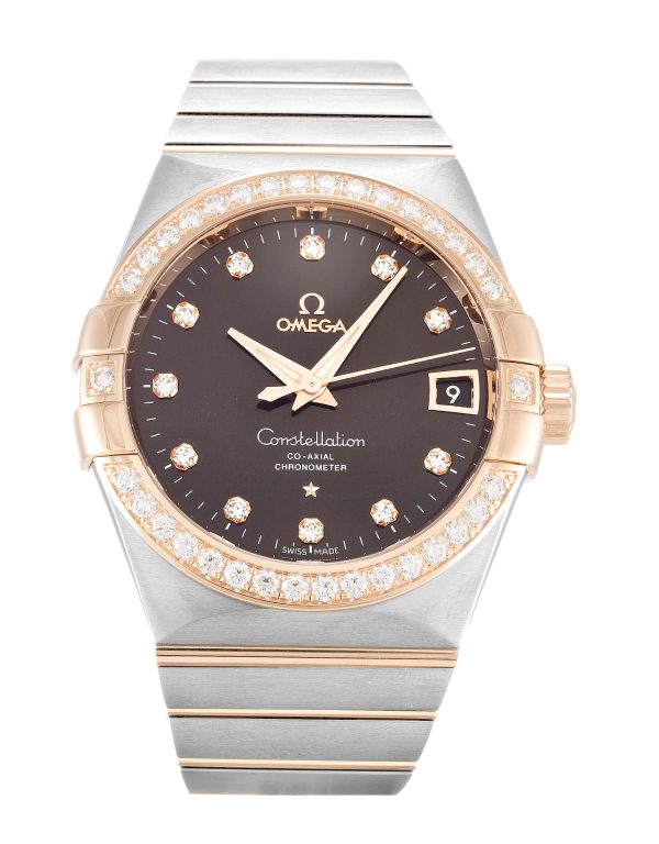 Omega Constellation Chronometer 123.25.38.21.63.001 Mens 38 Mm Rose Gold & Steel Set With Diamonds Case Automatic Co-axial Movement